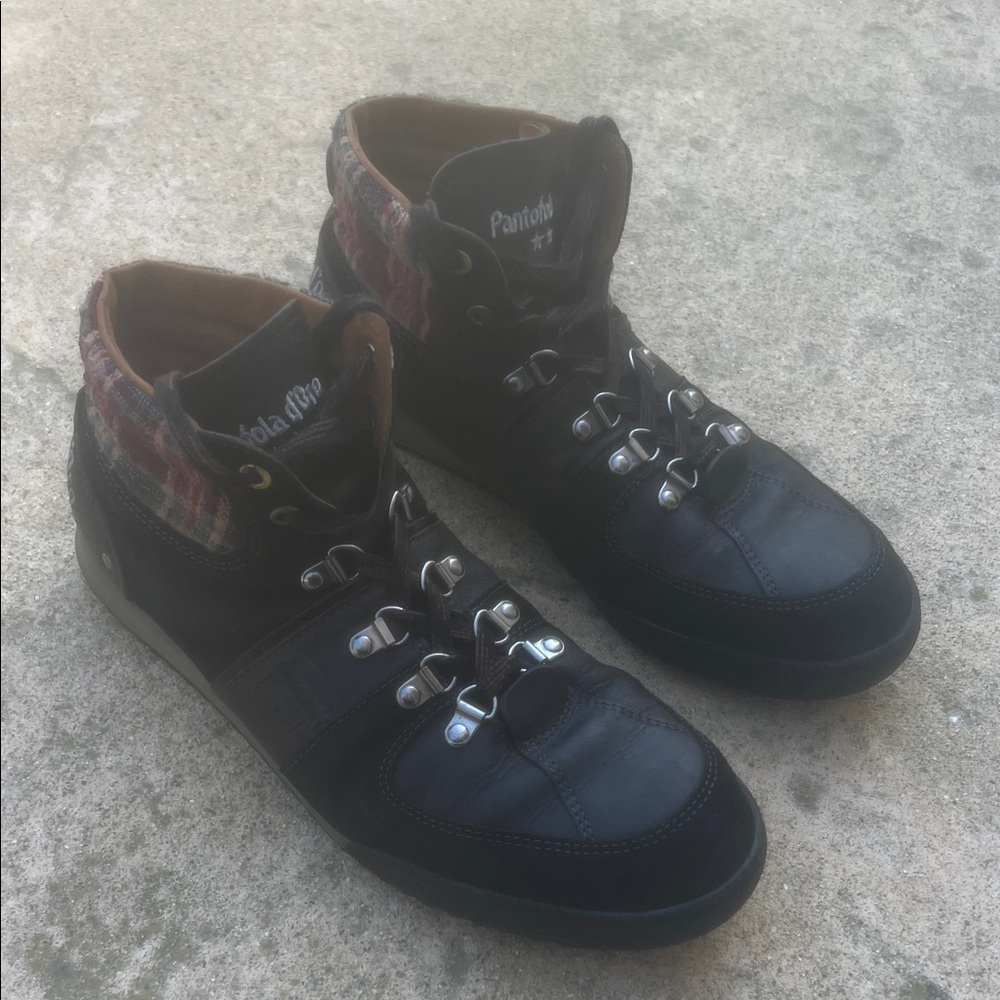 Pantofola d'Oro Mens Black LeatherSuede wool Plaid Hi Too Sneaker Size 43/9.5-10